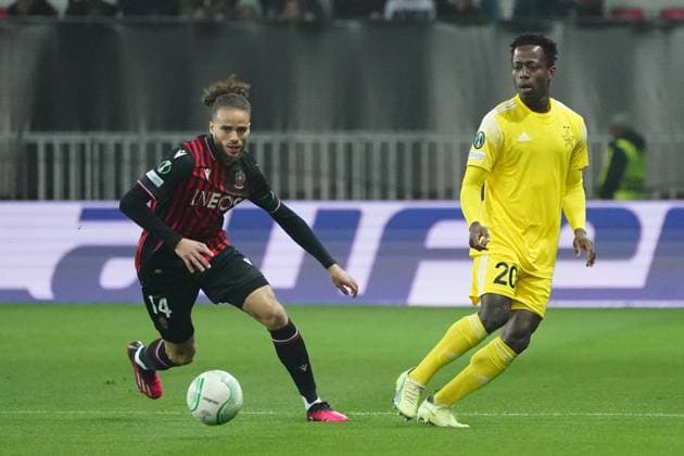 Billal Brahimi (OGC Nice) - Armel Zohouri (Sheriff Tiraspol) FOOTBALL : OGC Nice vs Football Club Sheriff Tiraspol - 8 eme de finale retour Europa Conference League - Nice - 16 03 2023 NorbertScanella Panoramic 