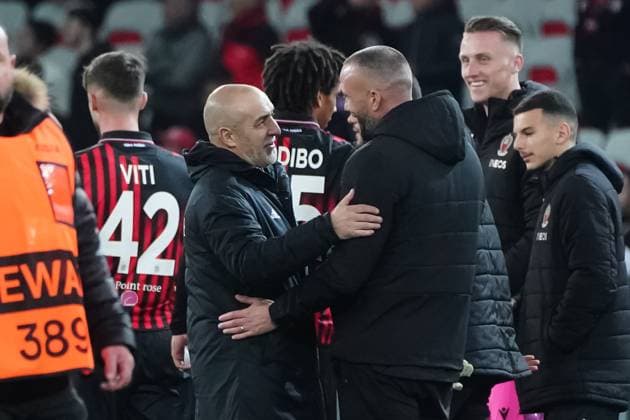 Didier Digard (entraineur de l OGC Nice) - Roberto Bordin (Entraineur de Sheriff Tiraspol) FOOTBALL : OGC Nice vs Football Club Sheriff Tiraspol - 8 eme de finale retour Europa Conference League - Nice - 16 03 2023 NorbertScanella Panoramic 