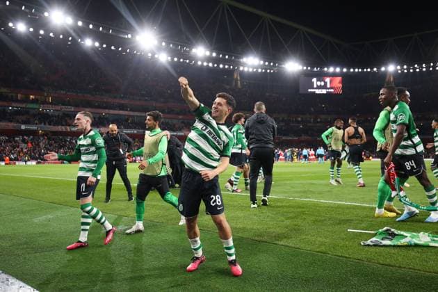 Arsenal v Sporting 16 March 2023, London - UEFA EUROPA League Football - Round of 16, 2nd Leg - Arsenal v Sporting Clube de Portugal - Pedro Goncalves of Sporting CP celebrates victory - Photo: Charlotte Wilson Offside. London UK Copyright: xCharlottexWilsonx xOffsidexOffside