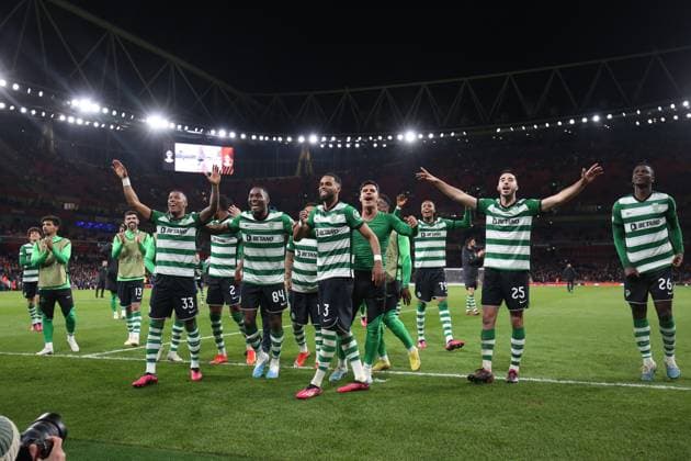 Arsenal v Sporting 16 March 2023, London - UEFA EUROPA League Football - Round of 16, 2nd Leg - Arsenal v Sporting Clube de Portugal - The Sporting CP players celebrate victory - Photo: Charlotte Wilson Offside. London UK Copyright: xCharlottexWilsonx xOffsidexOffside