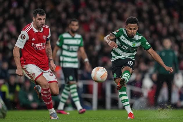 London, England, March 16th 2023: London, England, March 16th 2023: Edwards of Sporting and Granit Xhaka of Arsenal during the UEFA Europa League round of 16 leg two match between Arsenal FC and Sporting CP at Emirates Stadium on March 16, 2023 in London, United Kingdom. (Photo by Pedro Loureiro SPP) (Pedro Loureiro SPP) (Pedro Loureiro SPP)  Copyright: xPedroxLoureiro SPPx spp-en-PeLo-SPP_166775