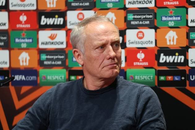 Freiburg, Deutschland 16. März 2023: Europa League - 2022 2023 - 1 8 Finale - SC Freiburg vs. Juventus Turin Im Bild: Trainer Christian Streich (SC Freiburg) bei der Pressekonferenz, PK Europa-Park Stadion Baden Württemberg Copyright: xFotostandx xHettichx