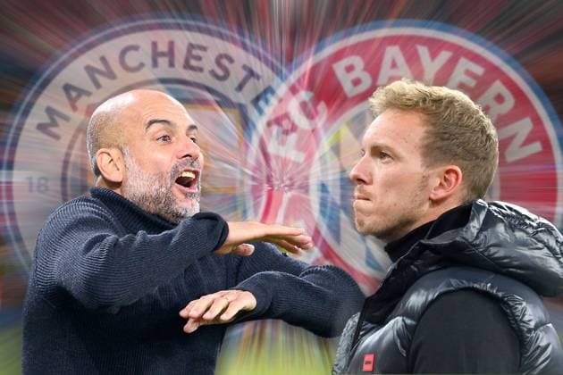 FOTOMONTAGE: Hammerlos fuer den FC Bayern Muenchen-im Viertelfinale trifft der Rekordmeister auf Manchester City (ManCity), Die beiden Trainer Pep GUARDIOLA (ManCity) und Trainer Julian NAGELSMANN (Bayern Muenchen) Fussball,Champions League Saison 2022 2023.
