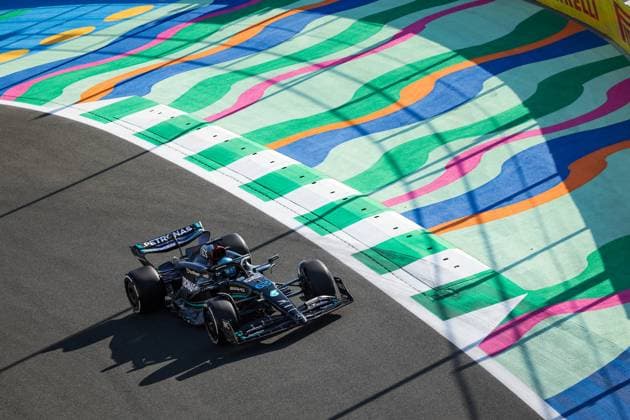 63 RUSSELL George (gbr), Mercedes AMG F1 Team W14, action during the Formula 1 STC Saudi Arabian Grand Prix 2023, 2nd round of the 2023 Formula One World Championship, WM, Weltmeisterschaft from March 17 to 19, 2023 on the Jeddah Corniche Circuit, in Jeddah, Saudi Arabia - F1 - SAUDI ARABIAN GRAND PRIX 2023 DPPI Panoramic  20230317_G0OD5584