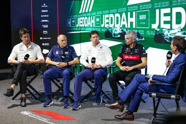 press conference, PK, Pressekonferenz WOLFF Toto (aut), Team Principal & CEO of Mercedes AMG F1 Team, TOST Franz (aut), Team Principal of Scuderia AlphaTauri, VOWLES James, Team Principal of Williams Racing, ALUNNI BRAVI Alessandro (ita), Managing Director of Sauber Group & Team Representative, CLARKSON Tom, during the Formula 1 STC Saudi Arabian Grand Prix 2023, 2nd round of the 2023 Formula One World Championship, WM, Weltmeisterschaft from March 17 to 19, 2023 on the Jeddah Corniche Circuit, in Jeddah, Saudi Arabia - F1 - SAUDI ARABIAN GRAND PRIX 2023 DPPI Panoramic 20230317_G0OD6942