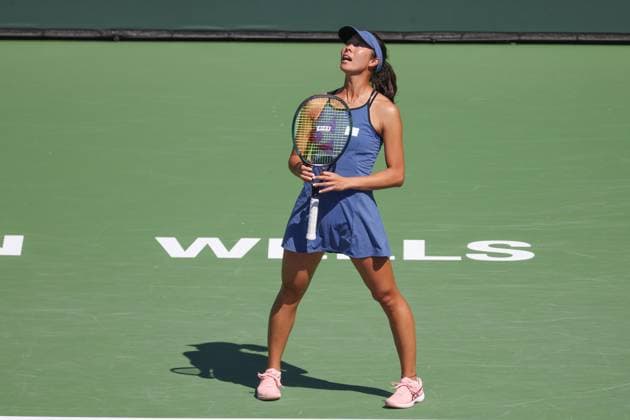 INDIAN WELLS, CA - MARCH 17: Ena Shibahara (JPN) reacts to a point during the BNP Paribas Open on March 17, 2023 at the Indian Wells Tennis Garden in Indian Wells, CA. (Photo by George Walker Icon Sportswire) TENNIS: MAR 17 BNP Paribas Open Icon230317025