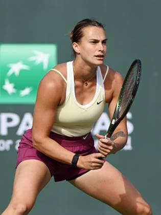 INDIAN WELLS, CA - MARCH 17: Aryna Sabalenka waits for a serve during a semifinal round match at the BNP Paribas Open tennis tournament played on March 17, 2023 at the Indian Wells Tennis Garden in Indian Wells, CA. (Photo by John Cordes Icon Sportswire) TENNIS: MAR 17 BNP Paribas Open Icon506230317094