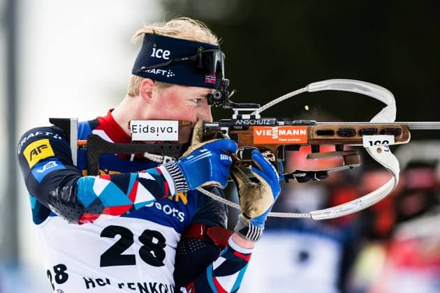 230318 Einar Hedegart of Norway during zeroing ahead of men s 12,5 km biathlon pursuit during the IBU World Cup on March 18, 2023 in Oslo. Photo: Vegard Grott BILDBYRAN kod VG VG0412 skidskytte biathlon skiskyting ibu world cup holmenkollen men?s pursuit bbeng norge *** 230318 Einar Hedegart of Norway during zeroing ahead of mens 12.5 km biathlon pursuit during the IBU World Cup on March 18, 2023 in Oslo Photo Vegard Grott BILDBYRAN code VG VG0412 biathlon biathlon biathlon ibu world cup holmenkollen men?s pursuit bbeng norge,  Copyright: VEGARDxGRoTT BB230318VG002