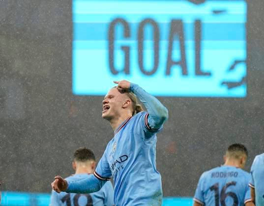 Sport Themen der Woche KW11 Sport Bilder des Tages Manchester, England, 18th March 2023. Erling Haaland of Manchester City celebrates scoring their second goal during the The FA Cup match at the Etihad Stadium, Manchester. Picture credit should read: Andrew Yates Sportimage EDITORIAL USE ONLY. No use with unauthorised audio, video, data, fixture lists, club league logos or live services. Online in-match use limited to 120 images, no video emulation. No use in betting, games or single club league player publications. SPI-2314-0053