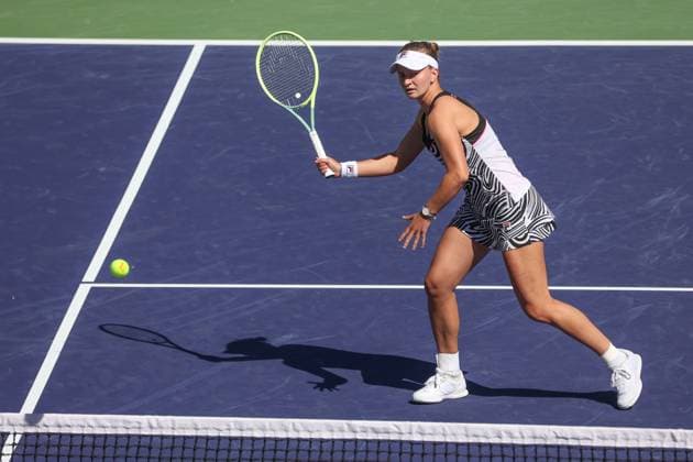 INDIAN WELLS, CA - MARCH 18: Barbora Krejcikova (CZE) hits a volley during the BNP Paribas Open on March 18, 2023 at the Indian Wells Tennis Garden in Indian Wells, CA. (Photo by George Walker Icon Sportswire) TENNIS: MAR 18 BNP Paribas Open Icon230318008