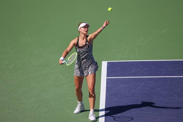 INDIAN WELLS, CA - MARCH 18: Barbora Krejcikova (CZE) serves during the BNP Paribas Open on March 18, 2023 at the Indian Wells Tennis Garden in Indian Wells, CA. (Photo by George Walker Icon Sportswire) TENNIS: MAR 18 BNP Paribas Open Icon230318013