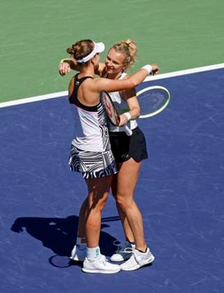 March 18, 2023 Barbora Krejcikova of the Czech Republic,left, and Katerina Siniakova of the Czech Republic,right, celebrate winning match point during the women s doubles final during the 2023 BNP Paribas Open at Indian Wells Tennis Garden in Indian Wells, California. Mandatory Photo Credit: CSM Indian Wells United States of America - ZUMAc04_ 20230318_zaf_c04_035 Copyright: xCharlesxBausx