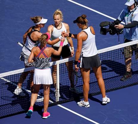 March 18, 2023 Barbora Krejcikova of the Czech Republic and Katerina Siniakova of the Czech Republic shake hands with Laura Siegemund of Germany and Beatriz Haddad Maia of Brazil after winning the women s doubles final during the 2023 BNP Paribas Open at Indian Wells Tennis Garden in Indian Wells, California. Mandatory Photo Credit: CSM Indian Wells United States of America - ZUMAc04_ 20230318_zaf_c04_038 Copyright: xCharlesxBausx