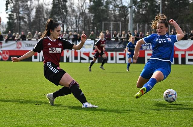 19.03.2023 - Fussball - Frauen Damen - Saison 2022 2023 - 2. Bundesliga - 17. Spieltag: 1. FC Nürnberg FCN ( Club ) - SC Sand - Sportfoto Zink - regulations prohibit any use of photographs as image sequences and or quasi-video - Sophie Fournier (11, 1. FC Nürnberg FCN ) erzielt Treffer Tor Torschuß zum 1:0 gegen Amelie Claire Bohnen (5, SC Sand )