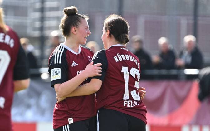 19.03.2023 - Fussball - Frauen Damen - Saison 2022 2023 - 2. Bundesliga - 17. Spieltag: 1. FC Nürnberg FCN ( Club ) - SC Sand - Sportfoto Zink - regulations prohibit any use of photographs as image sequences and or quasi-video - Torjubel Jubel Freude nach Treffer Tor Torschuß zum 2:0 durch Lara Felix (13, 1. FC Nürnberg FCN ) - Jessica May (6, 1. FC Nürnberg FCN ) Lara Felix (13, 1. FC Nürnberg FCN )