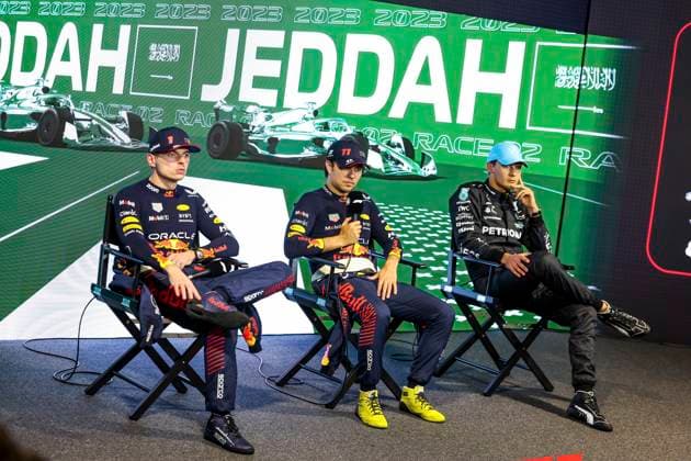 1 Max Verstappen (NLD, Oracle Red Bull Racing), 11 Sergio Perez (MEX, Oracle Red Bull Racing), 14 Fernando Alonso (ESP, Aston Martin Aramco Cognizant F1 Team), F1 Grand Prix of Saudi Arabia at Jeddah Corniche Circuit on March 19, 2023 in Jeddah, Saudi Arabia. (Photo by HOCH ZWEI) Jeddah Saudi Arabia