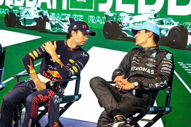 11 Sergio Perez (MEX, Oracle Red Bull Racing), 63 George Russell (GBR, Mercedes-AMG Petronas F1 Team), F1 Grand Prix of Saudi Arabia at Jeddah Corniche Circuit on March 19, 2023 in Jeddah, Saudi Arabia. (Photo by HOCH ZWEI) Jeddah Saudi Arabia