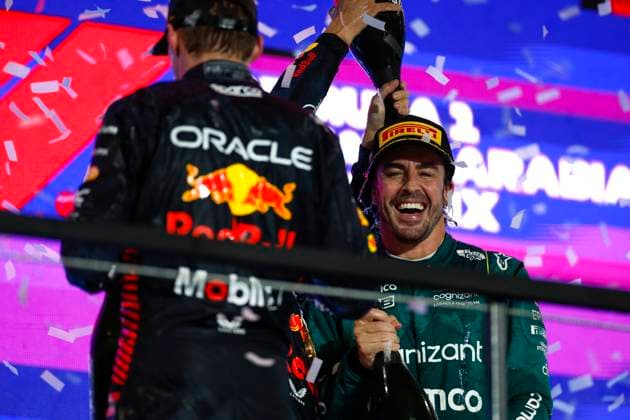 1 Max Verstappen (NLD, Oracle Red Bull Racing), 11 Sergio Perez (MEX, Oracle Red Bull Racing), 14 Fernando Alonso (ESP, Aston Martin Aramco Cognizant F1 Team), F1 Grand Prix of Saudi Arabia at Jeddah Corniche Circuit on March 19, 2023 in Jeddah, Saudi Arabia. (Photo by HOCH ZWEI) Jeddah Saudi Arabia