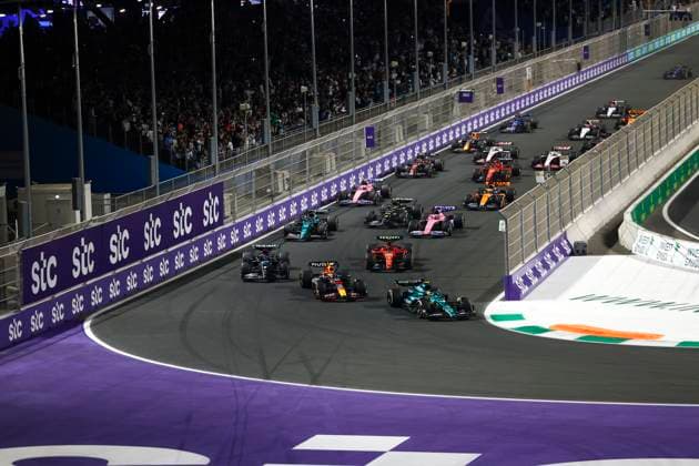 Start, 14 Fernando Alonso (ESP, Aston Martin Aramco Cognizant F1 Team), 11 Sergio Perez (MEX, Oracle Red Bull Racing), 63 George Russell (GBR, Mercedes-AMG Petronas F1 Team), 55 Carlos Sainz (ESP, Scuderia Ferrari), F1 Grand Prix of Saudi Arabia at Jeddah Corniche Circuit on March 19, 2023 in Jeddah, Saudi Arabia. (Photo by HOCH ZWEI) Jeddah Saudi Arabia