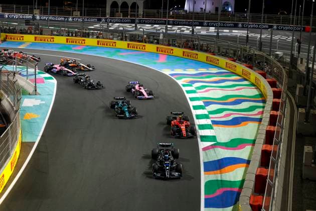 Start, 63 George Russell (GBR, Mercedes-AMG Petronas F1 Team), 55 Carlos Sainz (ESP, Scuderia Ferrari), 18 Lance Stroll (CAN, Aston Martin Aramco Cognizant F1 Team), 31 Esteban Ocon (FRA, BWT Alpine F1 Team), F1 Grand Prix of Saudi Arabia at Jeddah Corniche Circuit on March 19, 2023 in Jeddah, Saudi Arabia. (Photo by HOCH ZWEI) Jeddah Saudi Arabia
