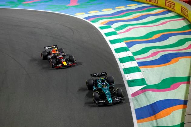 14 Fernando Alonso (ESP, Aston Martin Aramco Cognizant F1 Team), 11 Sergio Perez (MEX, Oracle Red Bull Racing), F1 Grand Prix of Saudi Arabia at Jeddah Corniche Circuit on March 19, 2023 in Jeddah, Saudi Arabia. (Photo by HOCH ZWEI) Jeddah Saudi Arabia