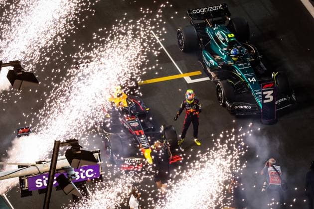 PEREZ Sergio (mex), Red Bull Racing RB19, portrait celebrating race win during the Formula 1 STC Saudi Arabian Grand Prix 2023, 2nd round of the 2023 Formula One World Championship, WM, Weltmeisterschaft from March 17 to 19, 2023 on the Jeddah Corniche Circuit, in Jeddah, Saudi Arabia - F1 - SAUDI ARABIAN GRAND PRIX 2023 - RACE DPPI Panoramic  20230319_GOOD3090