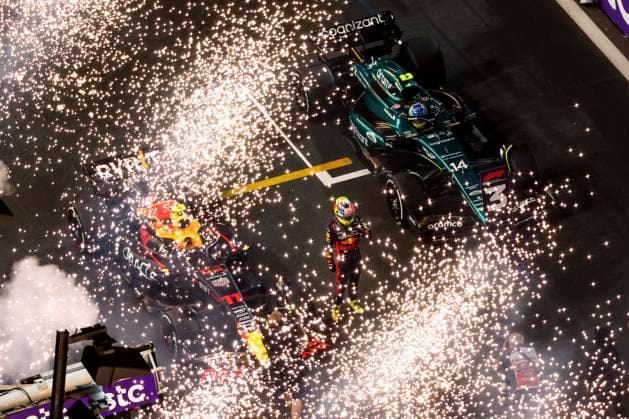 11 Sergio Perez (MEX, Oracle Red Bull Racing), 14 Fernando Alonso (ESP, Aston Martin Aramco Cognizant F1 Team), F1 Grand Prix of Saudi Arabia at Jeddah Corniche Circuit on March 19, 2023 in Jeddah, Saudi Arabia. (Photo by HOCH ZWEI) Jeddah Saudi Arabia