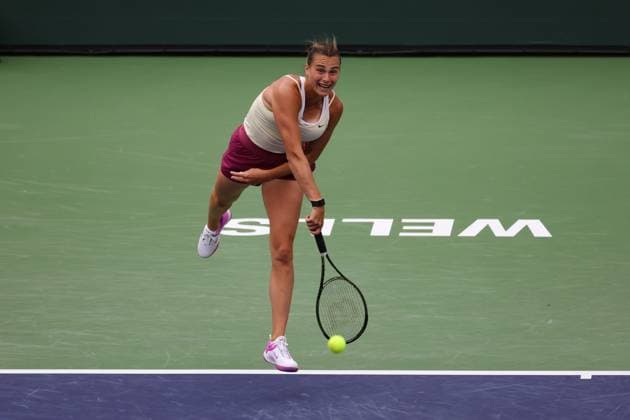 INDIAN WELLS, CA - MARCH 19: Aryna Sabalenka serves during the BNP Paribas Open on March 19, 2023 at the Indian Wells Tennis Garden in Indian Wells, CA. (Photo by George Walker Icon Sportswire) TENNIS: MAR 19 BNP Paribas Open Icon230319013