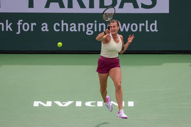 INDIAN WELLS, CA - MARCH 19: Aryna Sabalenka hits a forehand during the BNP Paribas Open on March 19, 2023 at the Indian Wells Tennis Garden in Indian Wells, CA. (Photo by George Walker Icon Sportswire) TENNIS: MAR 19 BNP Paribas Open Icon230319017
