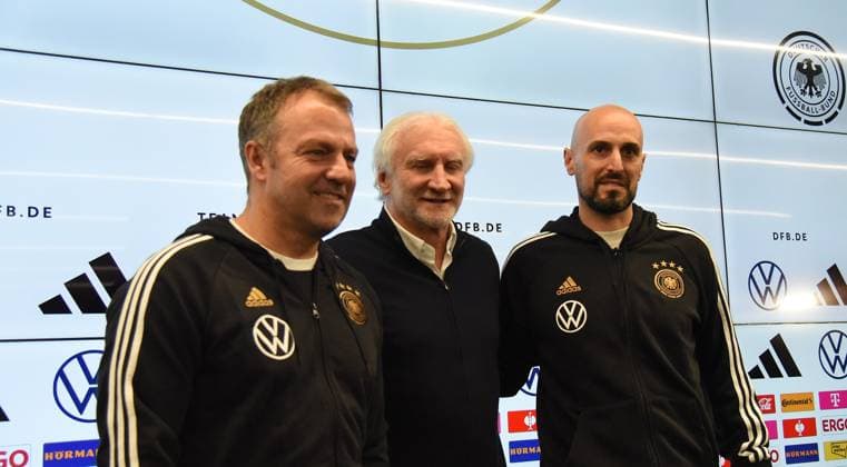 20.03.2023 Frankfurt am Main, DFB-Campus DFB A-Nationalmannschaft der Männer Pressekonferenz Bundestrainer Hansi Flick DFB-Sportdirektor Rudi Völler, DFB U21, U 21 Trainer Antonio Di Salvo