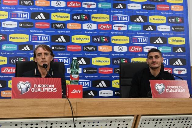 March 22, 2023, NAPLES: Italy™s head coach Roberto Mancini and Italy s midfielder Marco Verratti during a press conference, PK, Pressekonferenz on the eve of the UEFA EURO, EM, Europameisterschaft,Fussball 2024 qualifier soccer match against England at the Diego Maradona stadium in Naples, Italy, 22 March 2023. .ANSA CIRO FUSCO NAPLES - ZUMAa110 20230322_zaf_a110_071 Copyright: xCiroxFuscox