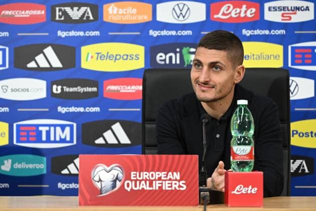 March 22, 2023, NAPLES: Italy s midfielder, Marco Verratti, attends a press conference, PK, Pressekonferenz on the eve of the UEFA EURO, EM, Europameisterschaft,Fussball 2024 qualifier soccer match against England at the Diego Maradona stadium in Naples, Italy, 22 March 2023. .ANSA CIRO FUSCO UEFA EURO 2024 qualification; Italy s press conference - ZUMAa110 20230322_zaf_a110_074 Copyright: xCiroxFuscox