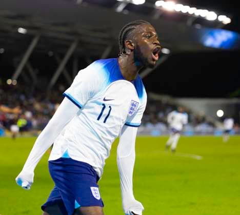 Manchester, England, March 22nd 2023: Sam Iling-Junior (11 England) celebrates after scoring his team s first goal during the International Friendly, Länderspiel, Nationalmannschaft football match between England and Germany at the City Football Academy Stadium in Manchester, England. (James Whitehead SPP) Copyright: xJamesxWhiteheadx xSPPx spp-en-JaWhSp-eu20vgu200077