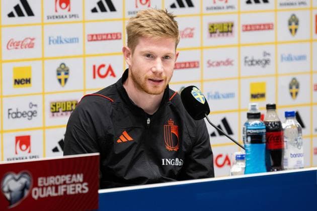 230323 Kevin De Bruyne of the Belgium national football team during a press conference, PK, Pressekonferenz on March 23, 2023 in Stockholm. Photo: Jonathan Näckstrand BILDBYRAN COP 94 JN0108 fotboll football soccer fotball UEFA EURO, EM, Europameisterschaft,Fussball Qualifier, EM, Europameisterschaft belgium press conference bbeng Copyright: JONATHANxNÄCKSTRAND BB230323JN101