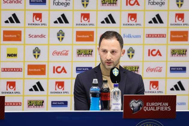 SOLNA 20230323 Belgiens landslagstränare Domenico Tedesco under en presskonferens i Friends Arena, inför EM-kvalmatchen mot Sverige den 24 mars 2023. Solna Sverige FOTBOLL x62260x