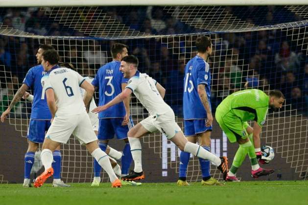 Italy: EnglandÕs forward Declan rice (West Ham) celebrates after scoring a goal during European Qualifiers match Italy vs England at the Diego Armando Maradona Stadium in Naples, southern Italy, on March 23, 2023. Italy_England_2903 Copyright: xAntonioxBalascox
