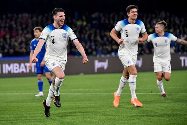 Declan Rice of England celebrates after scoring the goal of 0-1 during the UEFA EURO2024 European Championship, EM, Europameisterschaft Qualification Group C football match between Italy and England at Diego Armando Maradona stadium in Napoli (Italy), March 23rd, 2023. Photo Andrea Staccioli Insidefoto Andrea Staccioli