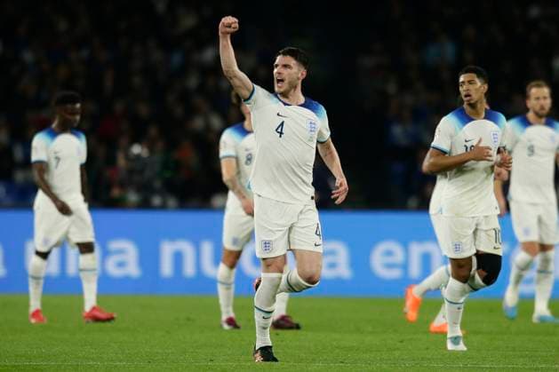 Italy: EnglandÕs forward Declan rice (West Ham) celebrates after scoring a goal during European Qualifiers match Italy vs England at the Diego Armando Maradona Stadium in Naples, southern Italy, on March 23, 2023. Italy_England_2915 Copyright: xAntonioxBalascox