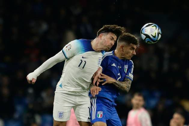 Italy: England s forward Jack Grealish (Manchester City) challenges for the ball with Italian s defender Giovanni Di Lorenzo (Napoli) during European Qualifiers match Italy vs England at the Diego Armando Maradona Stadium in Naples, southern Italy, on March 23, 2023. Italy_England_2924 Copyright: xAntonioxBalascox