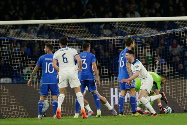 Italy: EnglandÕs forward Declan rice (West Ham) celebrates after scoring a goal during European Qualifiers match Italy vs England at the Diego Armando Maradona Stadium in Naples, southern Italy, on March 23, 2023. Italy_England_2902 Copyright: xAntonioxBalascox