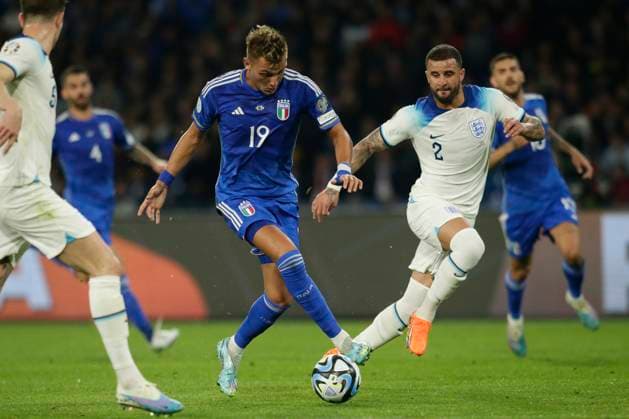Italy: Italian s forward Mateo Retegui (Tigre)controls the ball during European Qualifiers match Italy vs England at the Diego Armando Maradona Stadium in Naples, southern Italy, on March 23, 2023. Italy_England_2929 Copyright: xAntonioxBalascox
