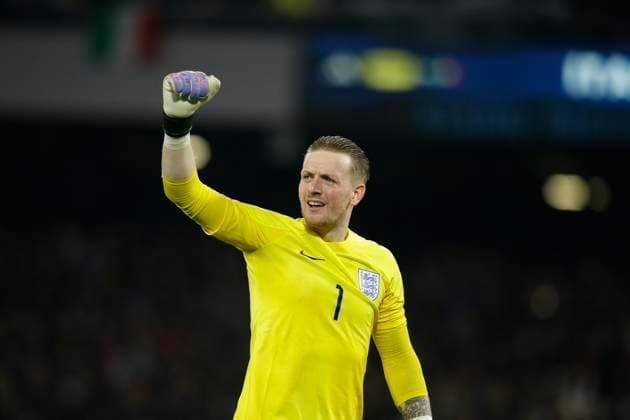 Italy: England s goalkeeper Jordan Pickford (Everton) celebrates after scoring a goal of England s forward Harry Kane (Tottenham) during European Qualifiers match Italy vs England at the Diego Armando Maradona Stadium in Naples, southern Italy, on March 23, 2023. Italy_England_2953 Copyright: xAntonioxBalascox