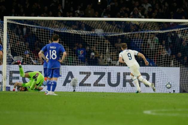 Italy: England s forward Harry Kane (Tottenham) celebrates after scoring a goal during European Qualifiers match Italy vs England at the Diego Armando Maradona Stadium in Naples, southern Italy, on March 23, 2023. Italy_England_2938 Copyright: xAntonioxBalascox