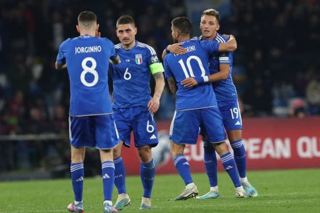 Naples, Italy 23.03.2023: Retegui and Verratti (ITALY) celebrate goal during the Uefa European Qualifiers 2024 Group C football match between ITALY VS ENGLAND at Diego Armando Maradona stadium in Naples, Italy.  Copyright: xmarcoxiacobuccix xipa-agency.netx xmarcoxiacobuccix 0 IPA_IPA36919943