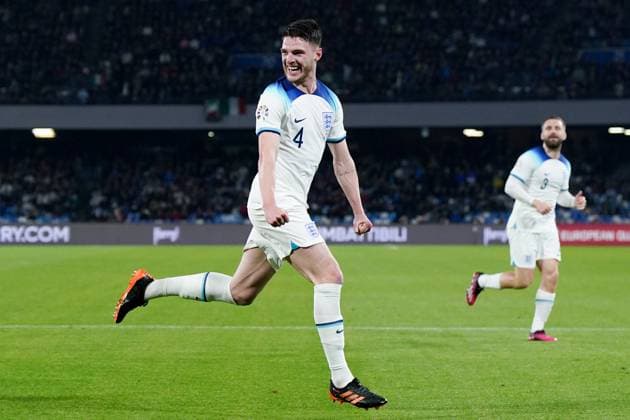 Declan Rice of England celebrates after scoring first goal during the UEFA EURO, EM, Europameisterschaft,Fussball Qualifiers match between Italy and England at Stadio Diego Armando Maradona, Naples, Italy on 23 March 2023. Copyright: xGiuseppexMaffiax 36390007