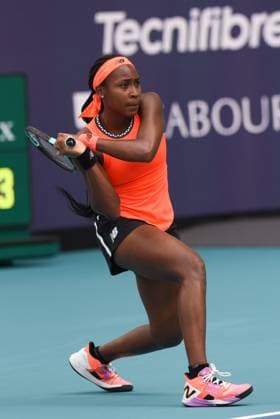 MIAMI GARDENS, FL - MARCH 23: Coco Gauff (USA) hits a backhand during her second round match of the Miami Open on March 23, 2023 at Hard Rock Stadium in Miami Gardens, Florida. (Photo by Michele Eve Sandberg Icon Sportswire) TENNIS: MAR 23 Miami Open Icon2303231602