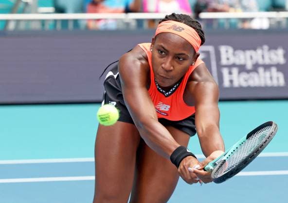 March 23, 2023, Miami Gardens, Florida, United States Of America: MIAMI GARDENS, FLORIDA - MARCH 23: Coco Gauff of the United States defeats Rebecca Marino of Canada during the Miami Open held at Hard Rock Stadium on March 23, 2023 in Miami Gardens, Florida....People: Coco Gauff Miami Gardens United States Of America - ZUMAs214 20230323_zda_s214_009 Copyright: xSMGx