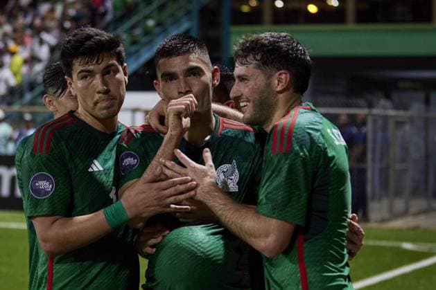 RECORD DATE NOT STATED Johan Vasquez celebrates his goal 0-1 with Erick Gutierrez and Santiago Gimenez of Mexico during the game Surinam vs Mexico national team, Nationalteam (Mexican National Team), corresponding to Group A of League A of the CONCACAF Nations League 2022-2023, at Dr. Ir. Franklin Essed Stadium, on March 23, 2023. <br><br> Johan Vasquez celebra su gol 0-1 con Erick Gutierrez y Santiago Gimenez de Mexico durante el partido Surinam vs Mexico (Seleccion Nacional Mexicana), correspondiente al Grupo A de la Liga A de la Liga de Naciones CONCACAF 2022-2023, en el Estadio Dr. Ir. Franklin Essed, el 23 de Marzo de 2023. CONCACAF NATIONS LEAGUE 2022-2023 Surinam vs Mexico 