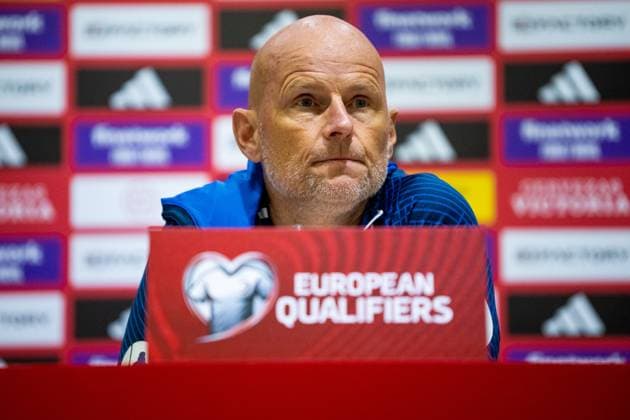Fußball, EM Quali, Norwegen Nationalteam Pressekonferenz 230324 Stale Solbakken, head coach of the Norwegian national football team, during a press conference, PK, Pressekonferenz on March 24, 2023 in Malaga. Photo: Vegard Grott BILDBYRAN kod VG VG0425 bbeng fotball football soccer fotboll UEFA EURO, EM, Europameisterschaft,Fussball 2024 em-kvalifisering em-kvalik pressekonferanse press conference norge norway Copyright: VEGARDxGRoTT BB230324VG062