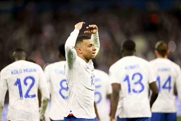 Fußball, EM Quali, Frankreich - Niederlande joie des joueurs de l equipe de France apres le but de MBAPPE Kylian (FRA) FOOTBALL : France vs Pays Bas - Eliminatoires Euro2024 - 24 03 2023 JBAutissier Panoramic 